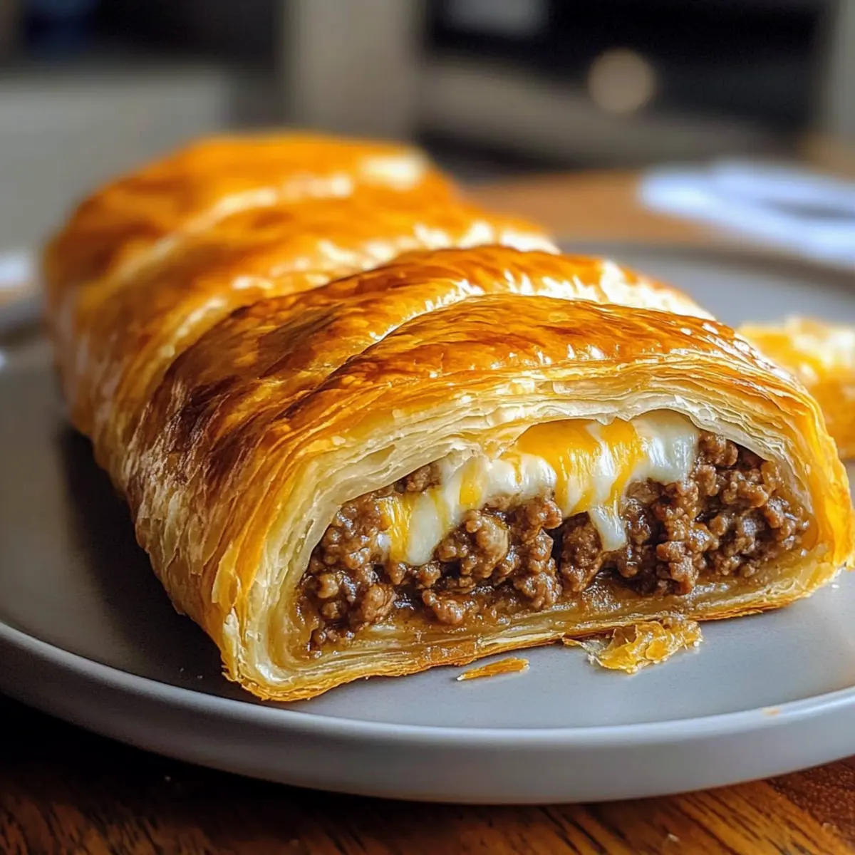 Hackfleisch-Käse-Blätterteig-Rolle