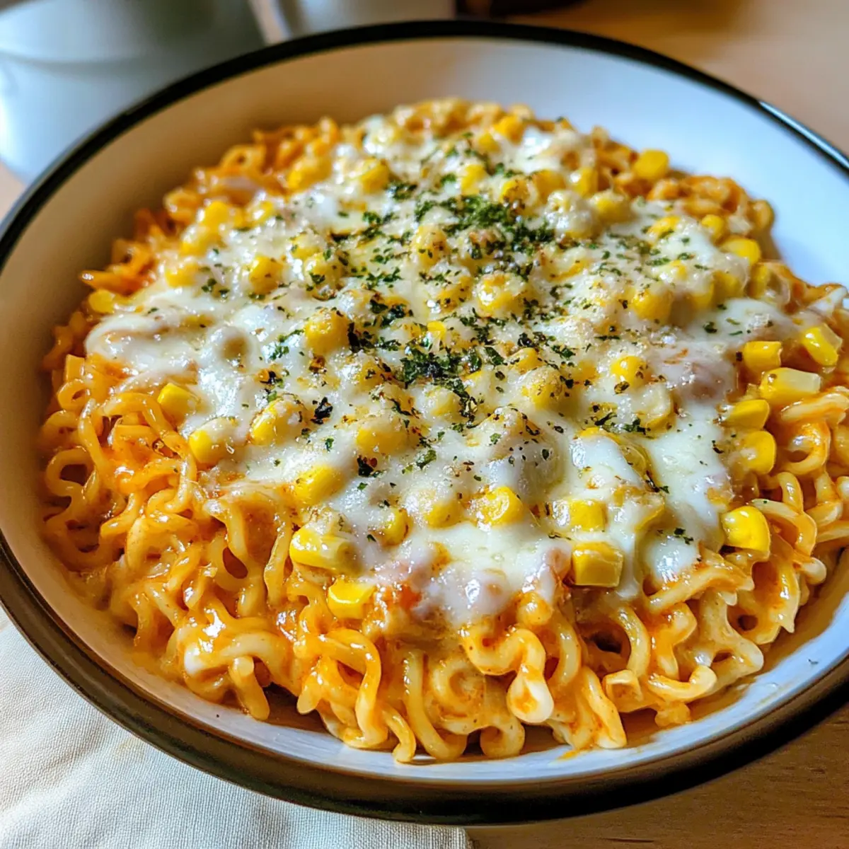 Scharfe Nudeln mit koreanischem Maiskäse