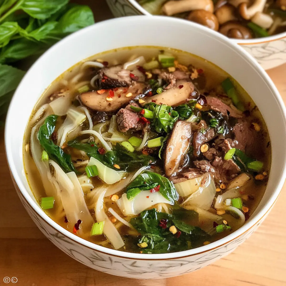 Asiatische Nudelsuppe mit Rindfleisch, Pilzen und Thai-Basilikum