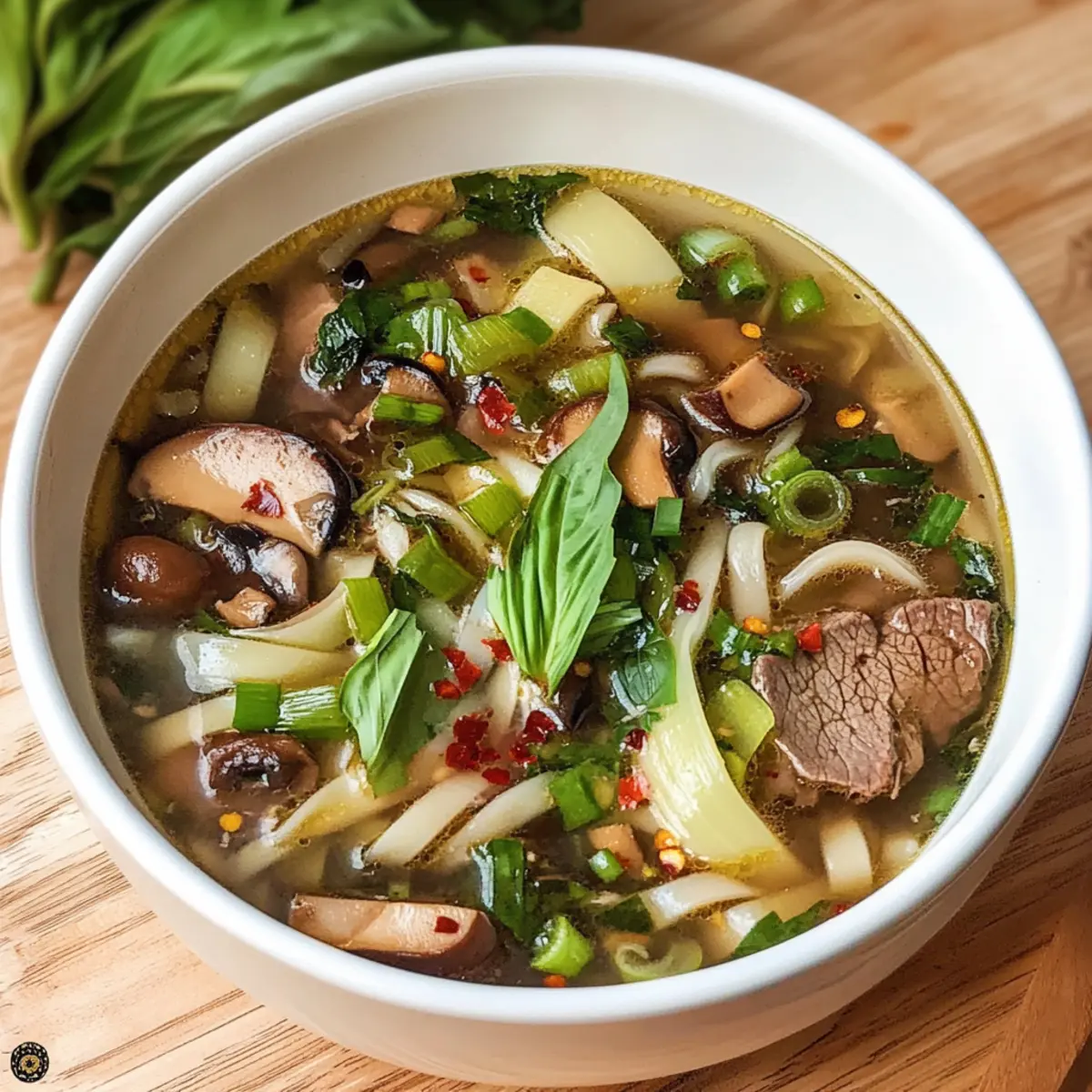 Asian Noodle Soup with Beef Mushrooms Thai Basil stm91j