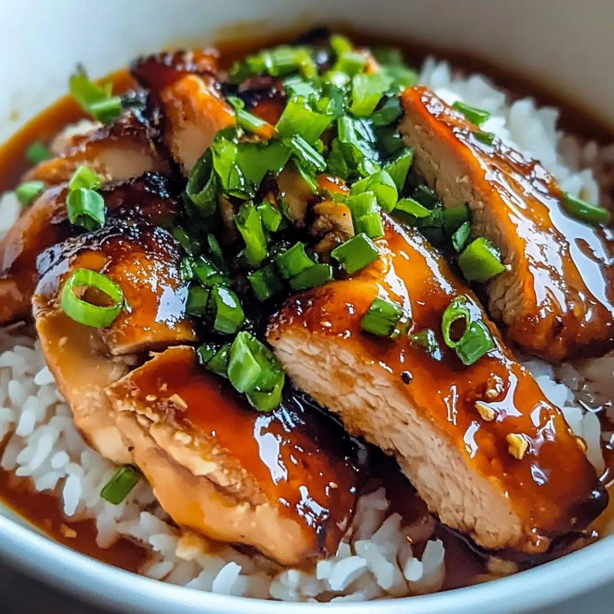 Karamellisierte Soja-Hühnchen in Knoblauch-Ingwer-Brühe mit Reis