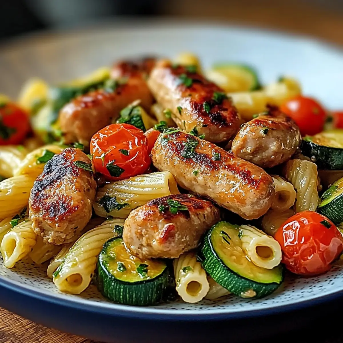 Hähnchenwürstchen mit Zucchini, Tomaten und Pasta Rezept