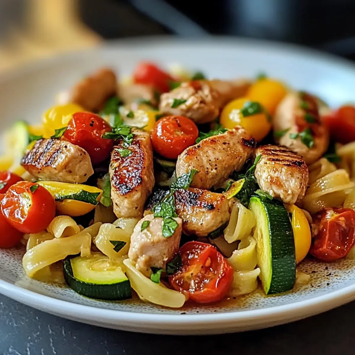 Chicken Sausages with Zucchini Tomatoes and Pasta Recipe u9emoh