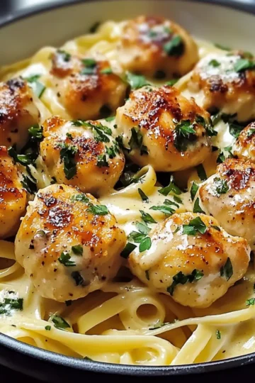 Knoblauchbutter-Hühnchenstücke mit cremiger Parmesan-Pasta Rezept