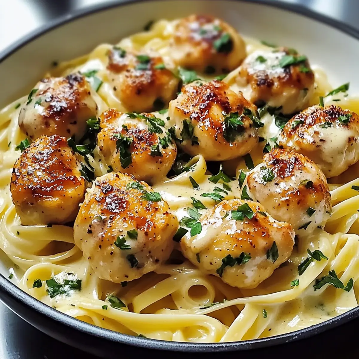 Knoblauchbutter-Hühnchenstücke mit cremiger Parmesan-Pasta Rezept