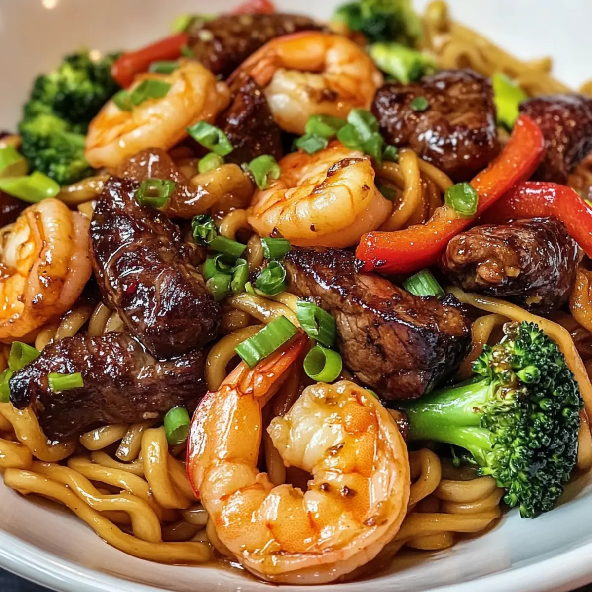 Gebratene Nudeln mit Knoblauchbutter Steak und Garnelen oa9o9n