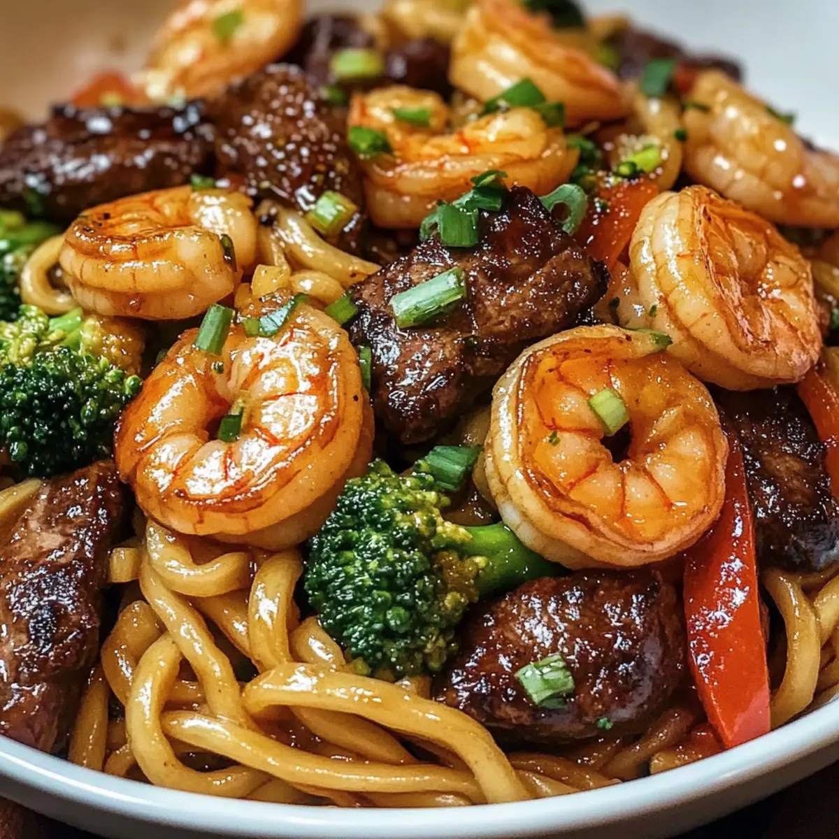 Fried noodles with garlic butter, steak and shrimp