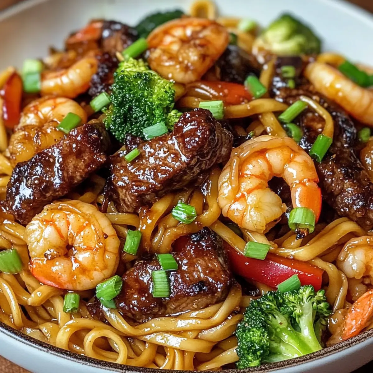 Gebratene Nudeln mit Knoblauchbutter Steak und Garnelen viszof