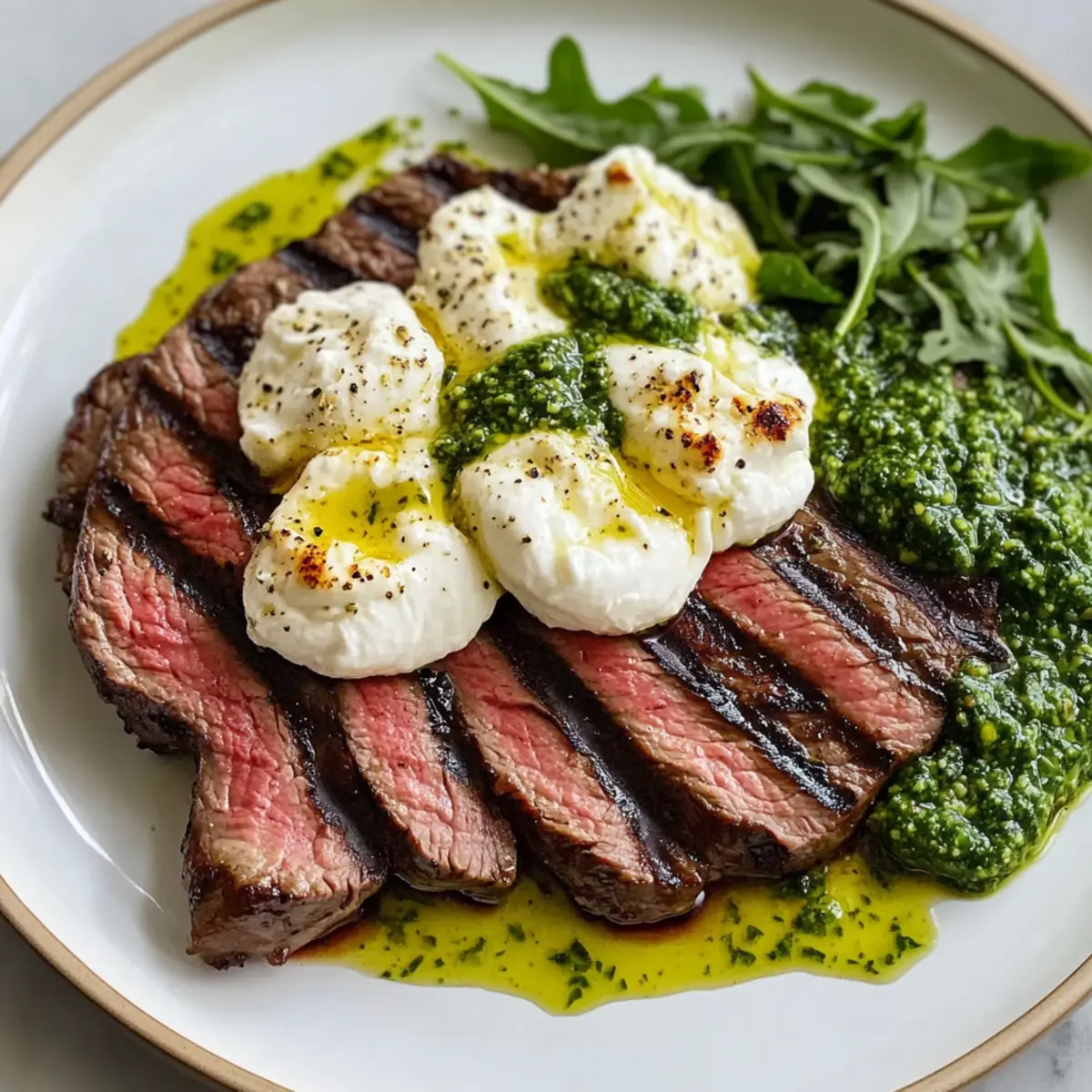 Grilled Flank Steak with Burrata and Arugula Pesto Recipe knehra