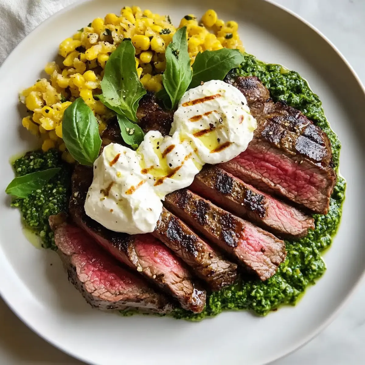 Grilled Flank Steak with Burrata and Arugula Pesto Recipe lclcr8