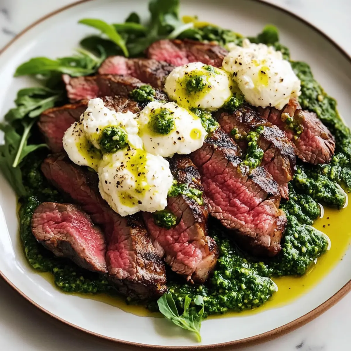 Gegrilltes Flanksteak mit Burrata und Rucola-Pesto Rezept