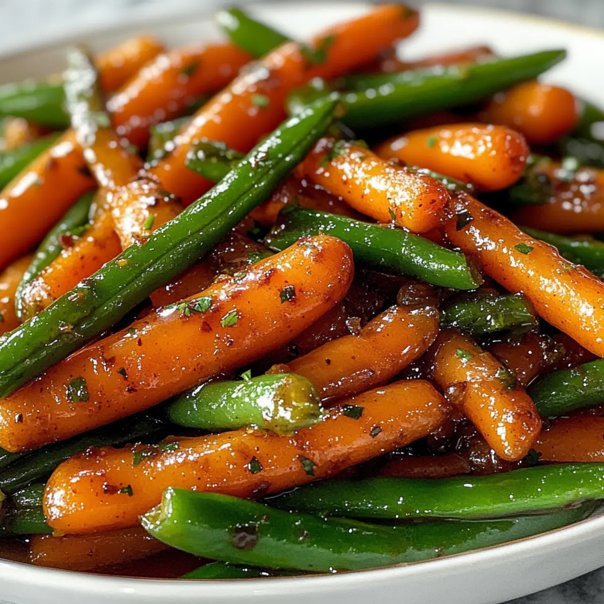 Honigglasierten Karotten und grünen Bohnen
