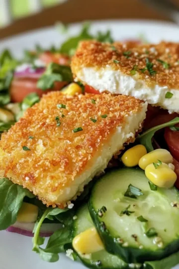 Panierter Fetakäse auf Salatbett