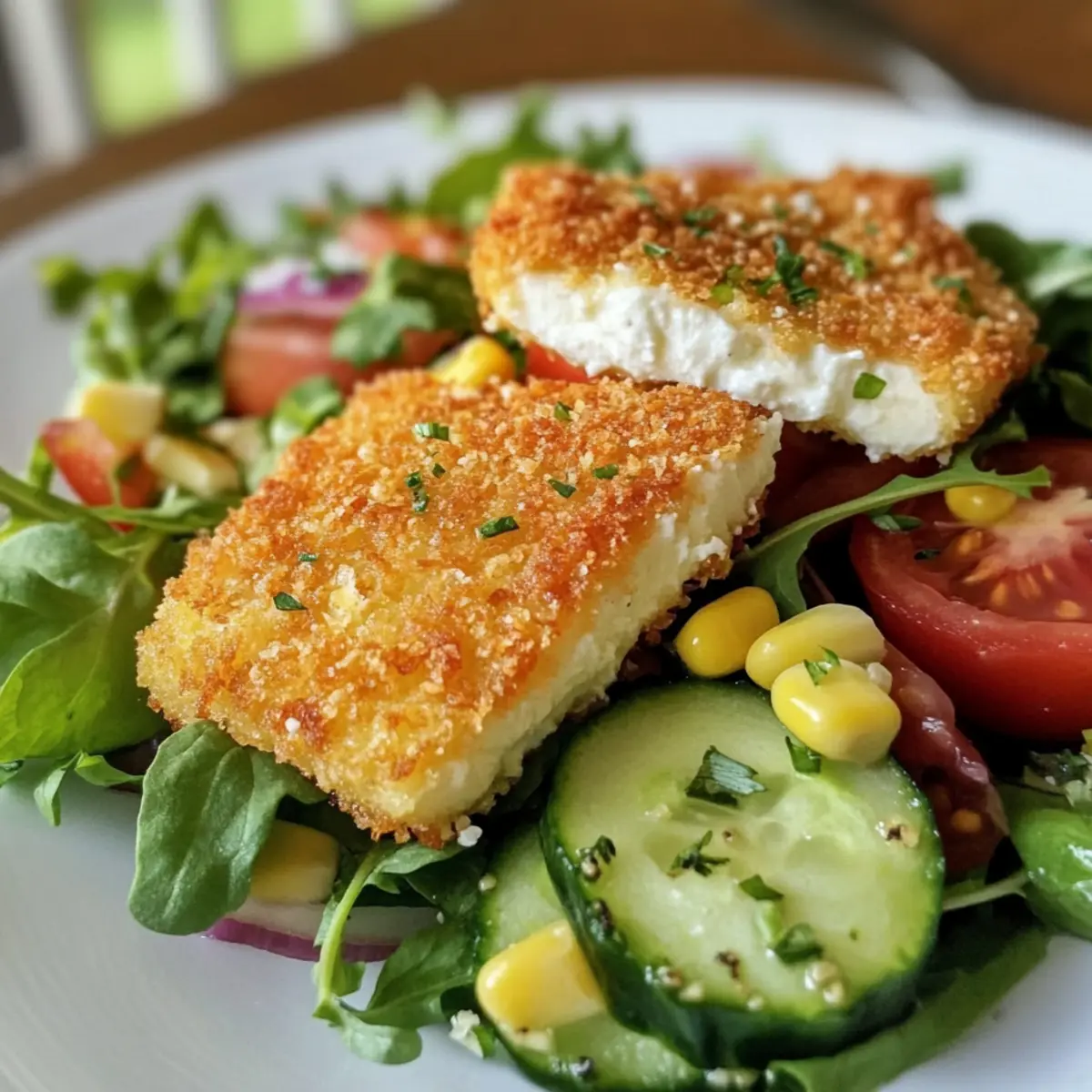 Panierter Fetakäse auf Salatbett