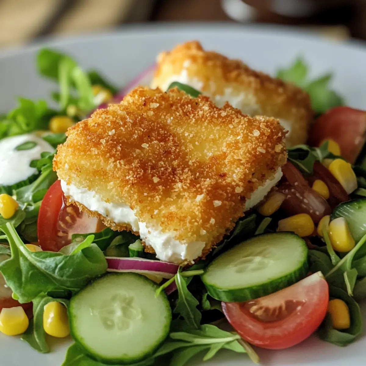 Panierter FetakA¤se auf Salatbett qbq9ww