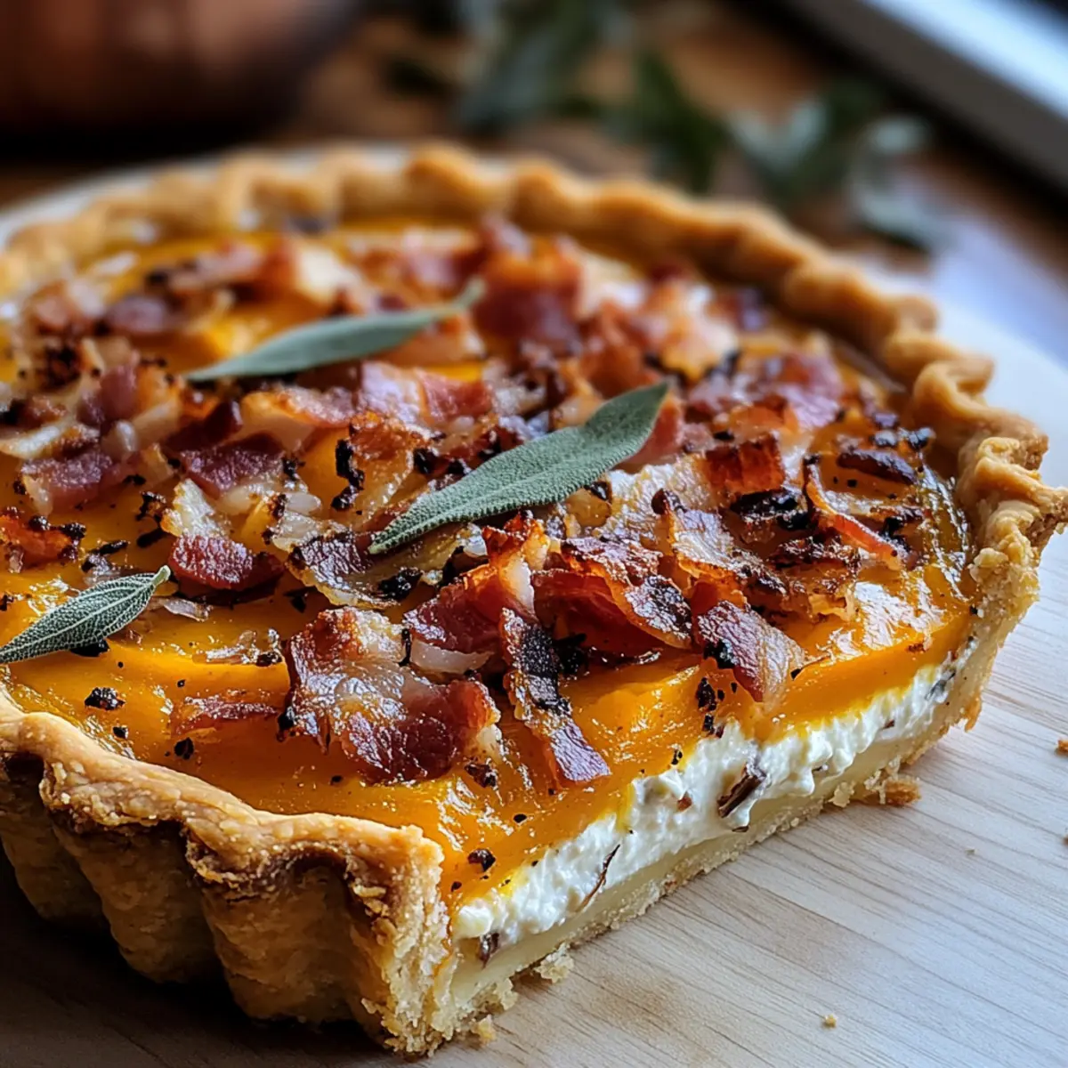 Pumpkin Ricotta Caramelized Onion Tart with Bacon and Sage jcemma