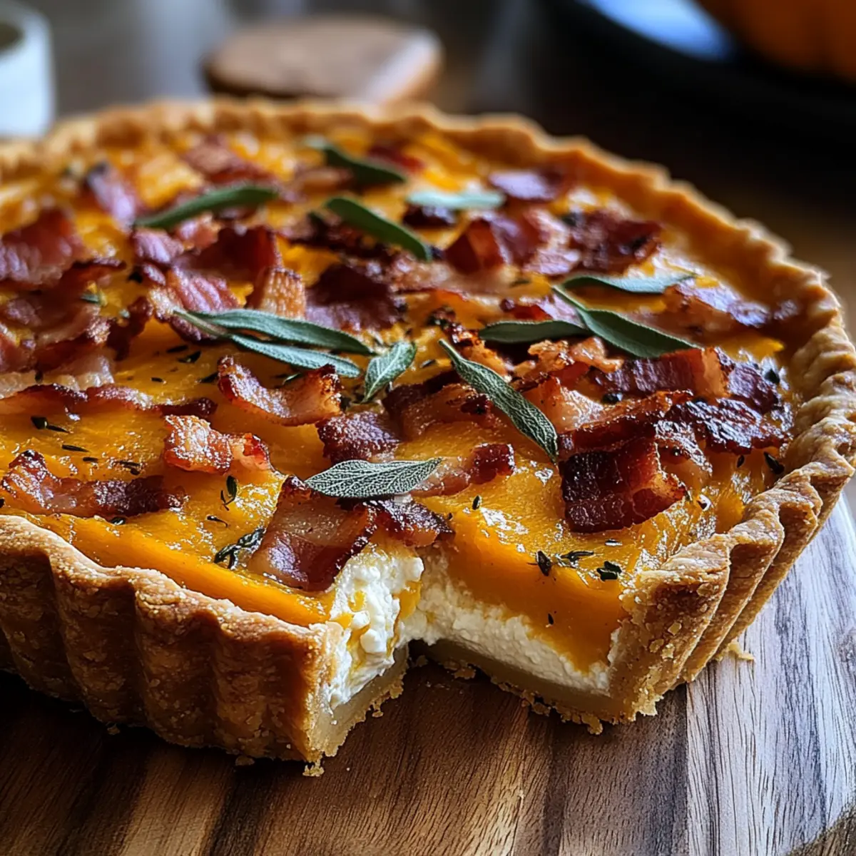 Kürbis-, Ricotta- und karamellisierte Zwiebel-Tarte mit Speck und Salbei