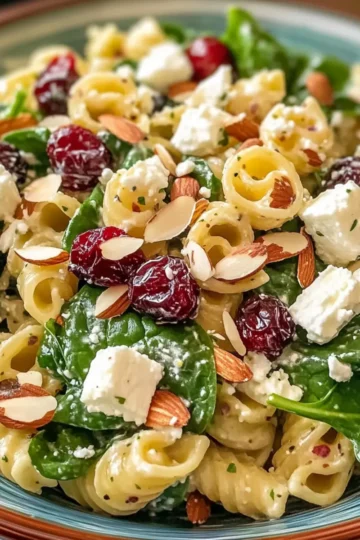 Lebendige Spinat-Pasta-Salat mit Feta und süßen Cranberries Rezept