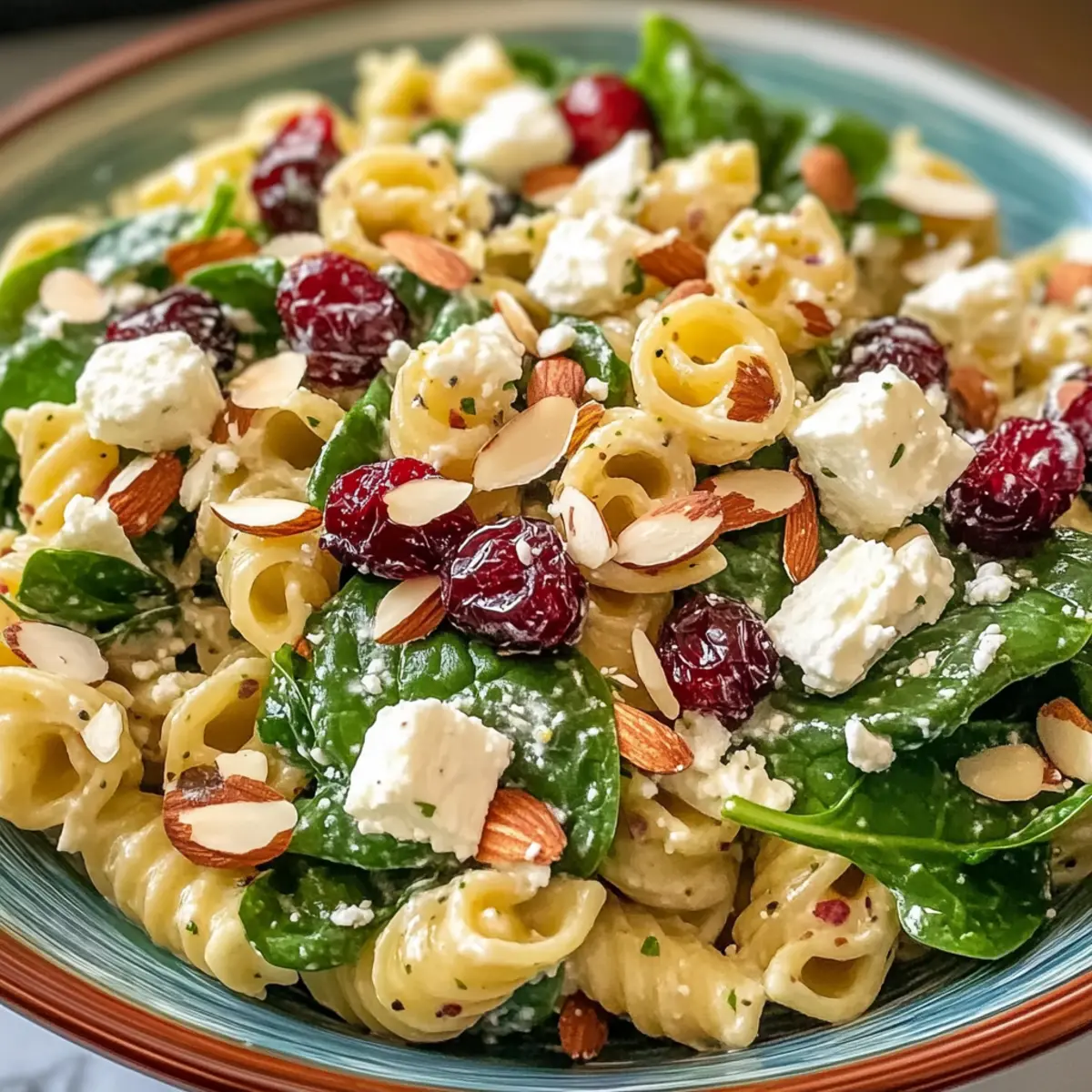 Lebendige Spinat-Pasta-Salat mit Feta und süßen Cranberries Rezept