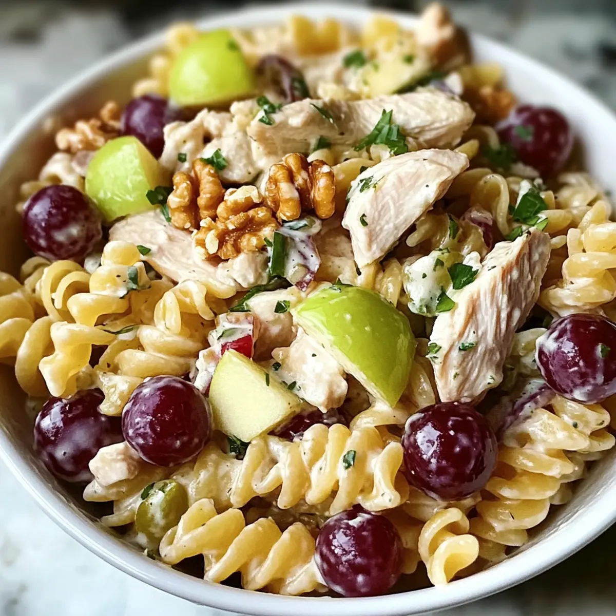 Spritzige Waldorf-Hähnchen-Pasta-Salat für Sommerfeste